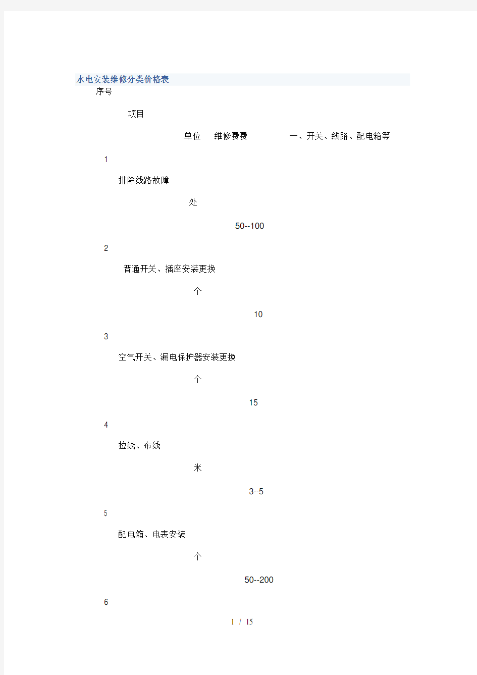 水电安装维修分类价格表