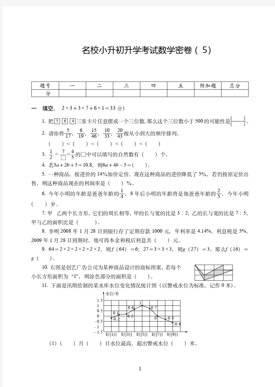 深圳市【小升初】名校小升初升学考试数学密卷附试卷详细答案( 5)