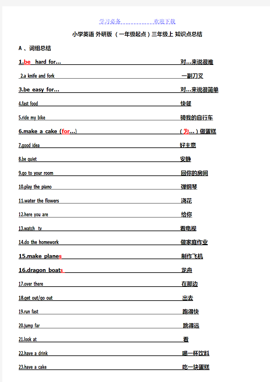 小学英语外研版(一年级起点)三年级上知识点总结(彩色完全版)