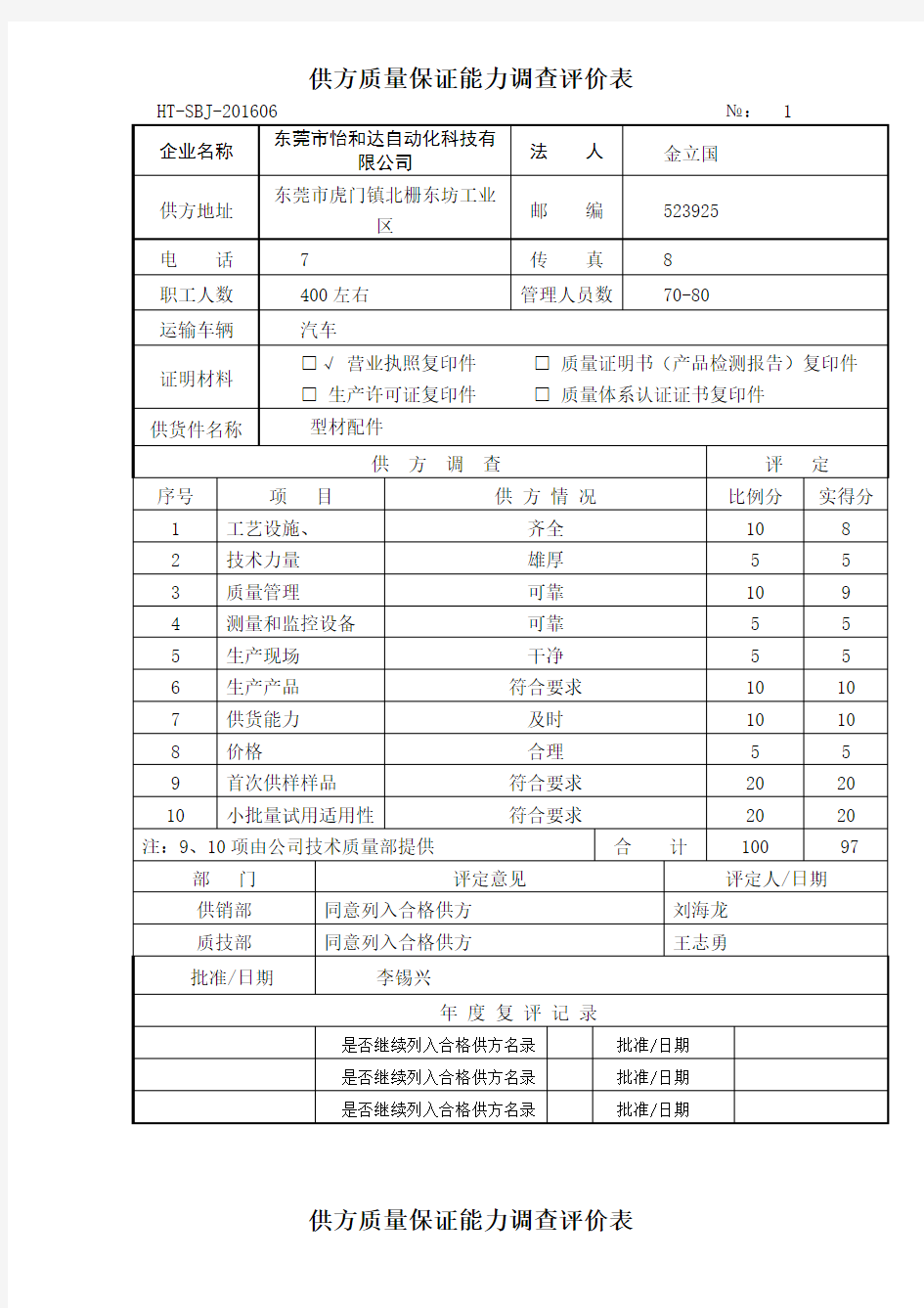 供方质量保证能力调查评价表