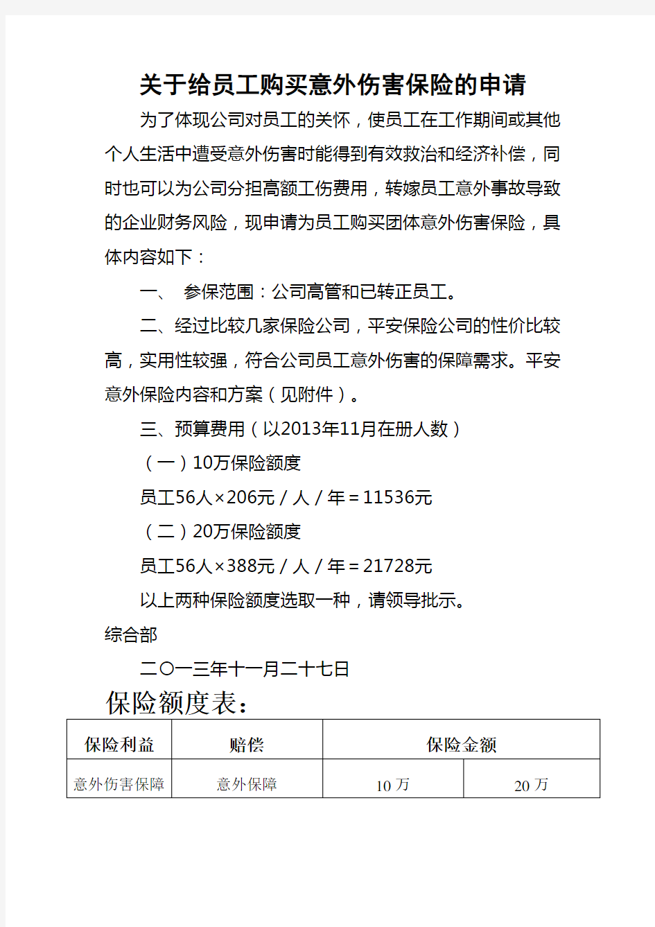 关于给员工购买意外伤害保险的申请