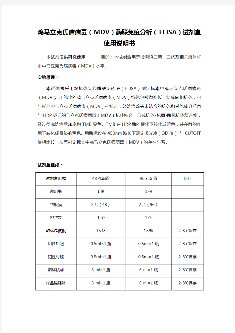 鸡马立克氏病病毒(MDV)酶联免疫分析(ELISA)试剂盒使用说明书