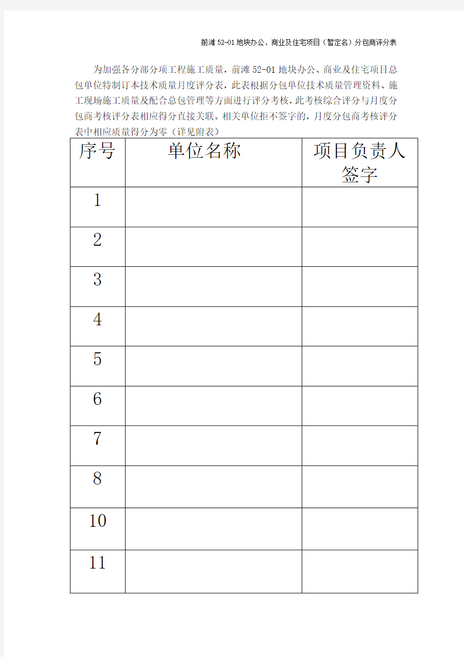 分包商月度评价