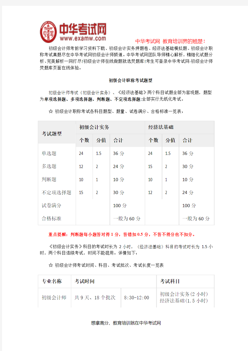 初级会计职称考试题型