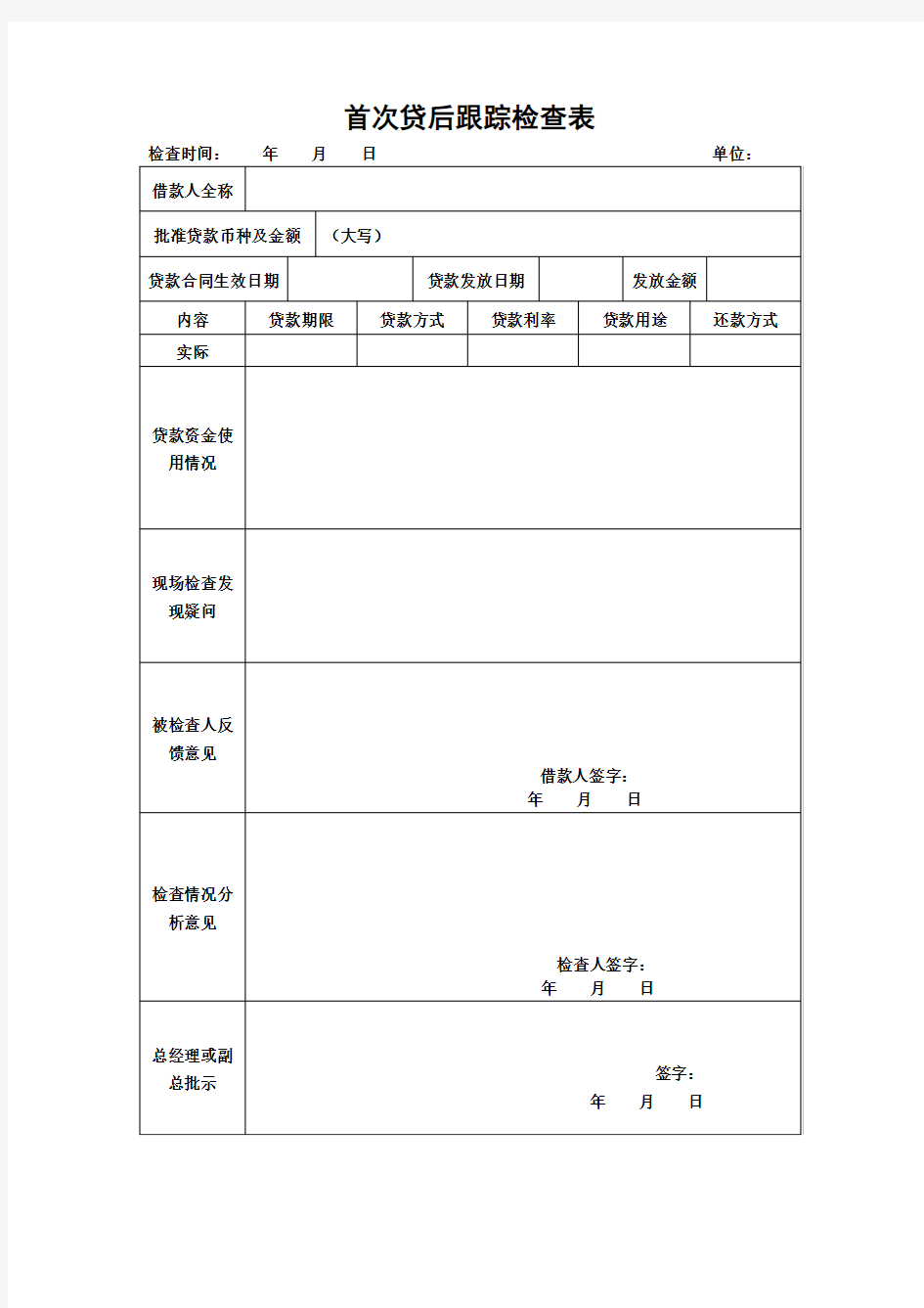 企业首次贷后跟踪检查表