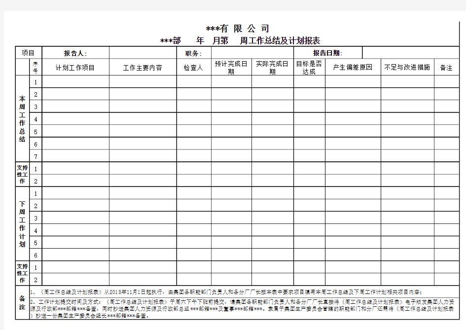 周工作总结及计划报表样表