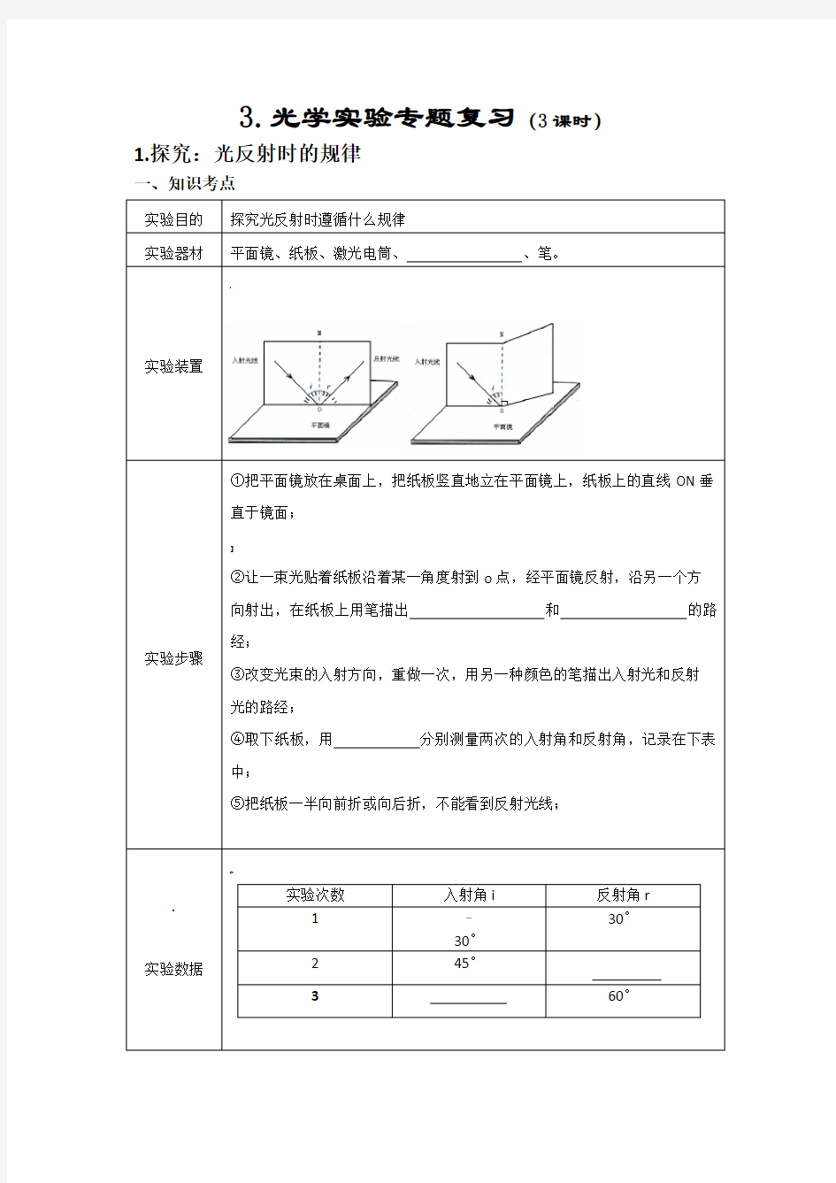 初中物理光学实验专题复习知识点考点梳理和练习