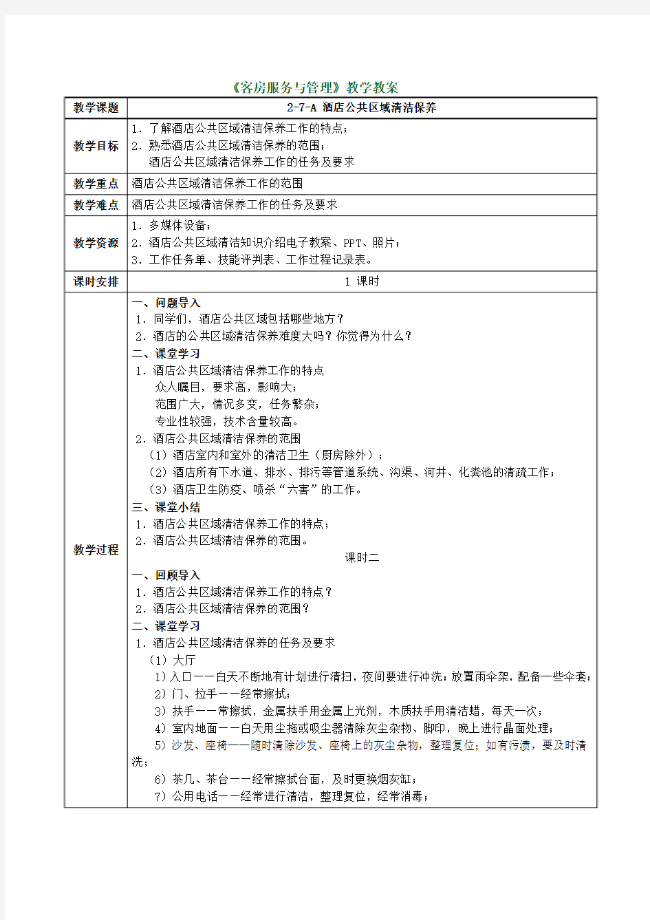 客房服务与管理-教案-酒店公共区域清洁保养