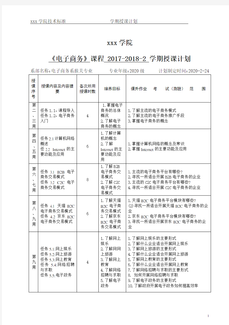 《电子商务》学期授课计划