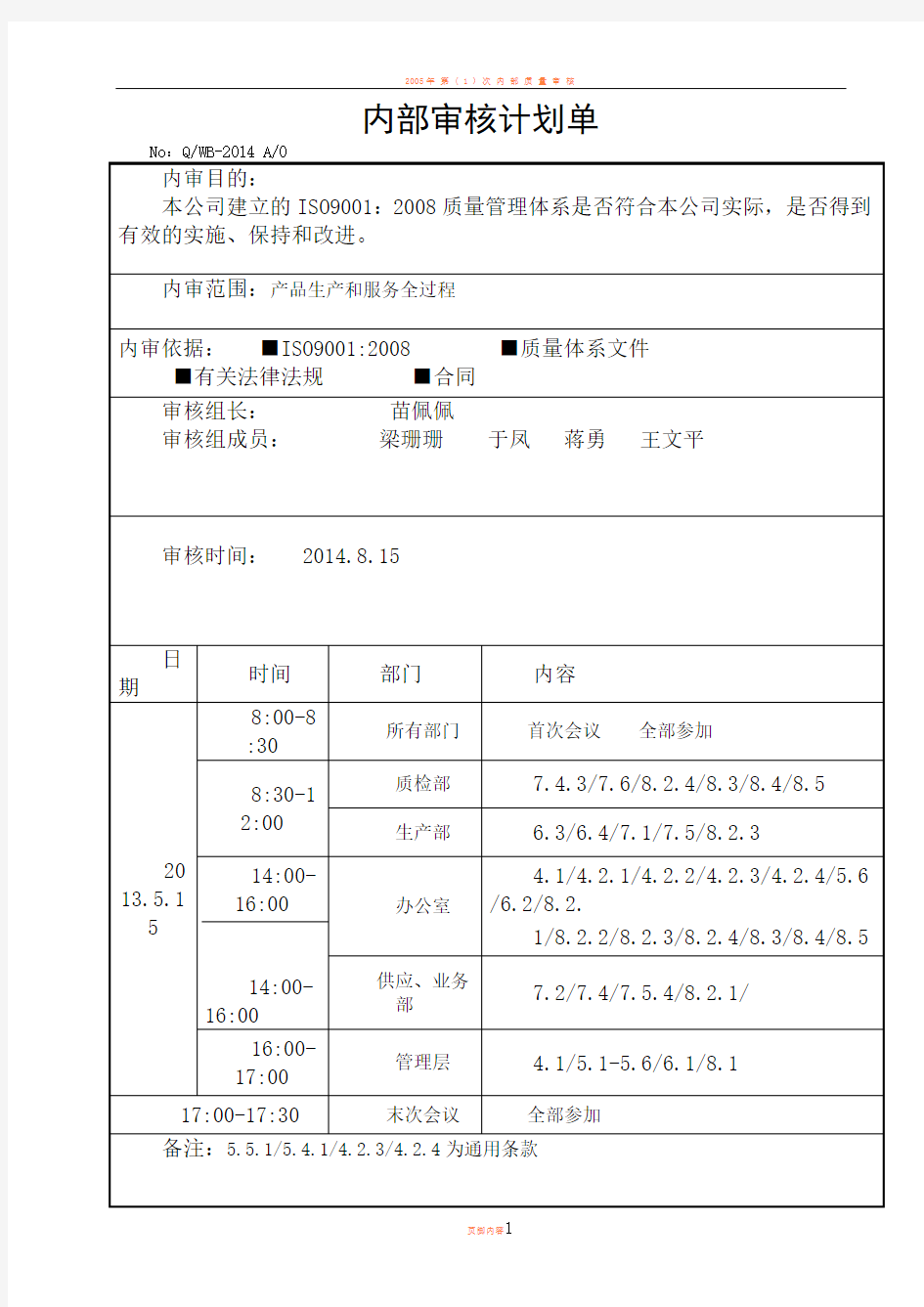 内部审核各记录