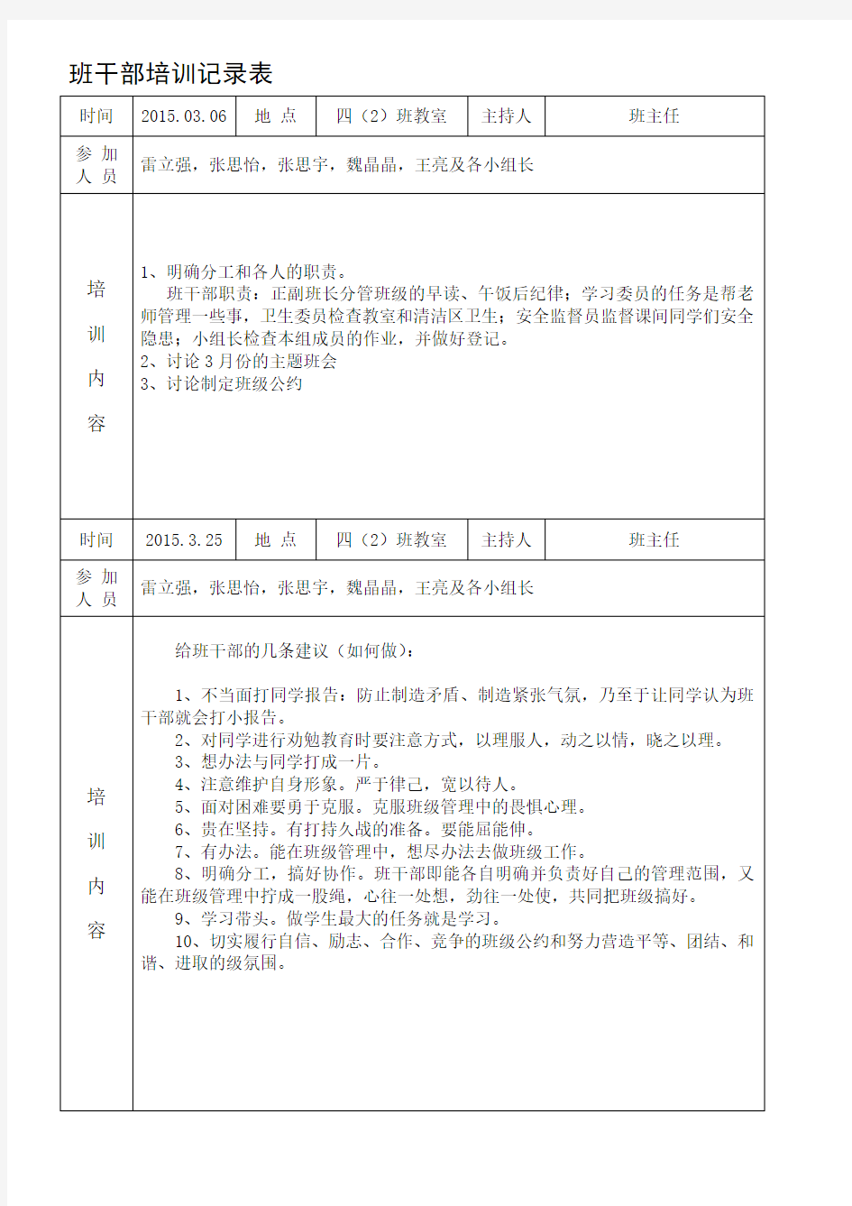 最新小学班干部培训记录表精选