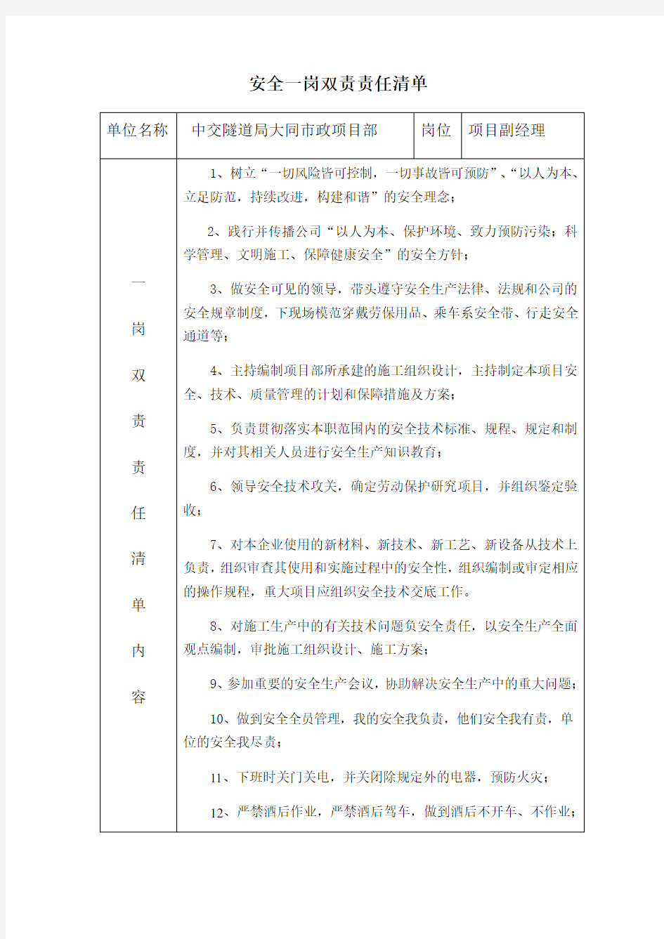 安全一岗双责责任清单全新