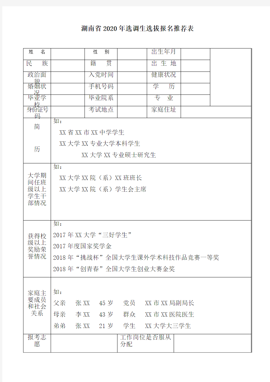 湖南省2020年选调生选拔报名推荐表