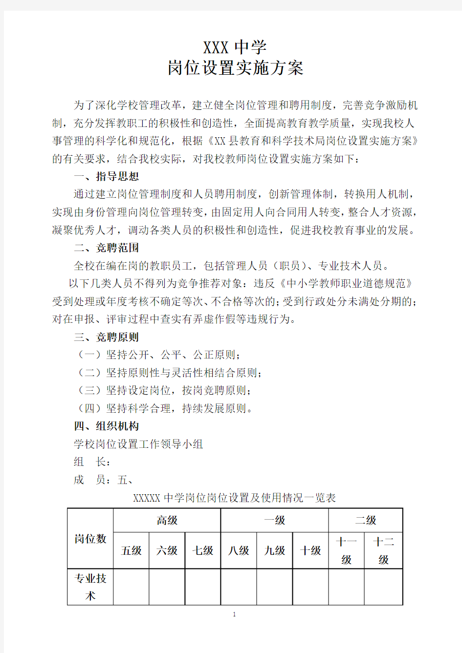 岗位设置实施方案