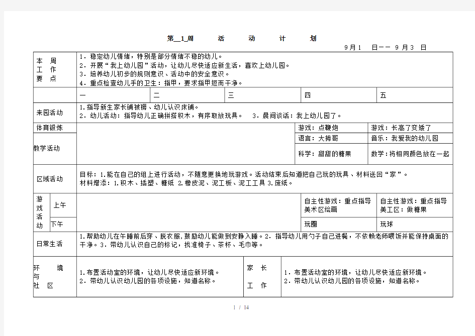 幼儿园小班周活动计划表WORD