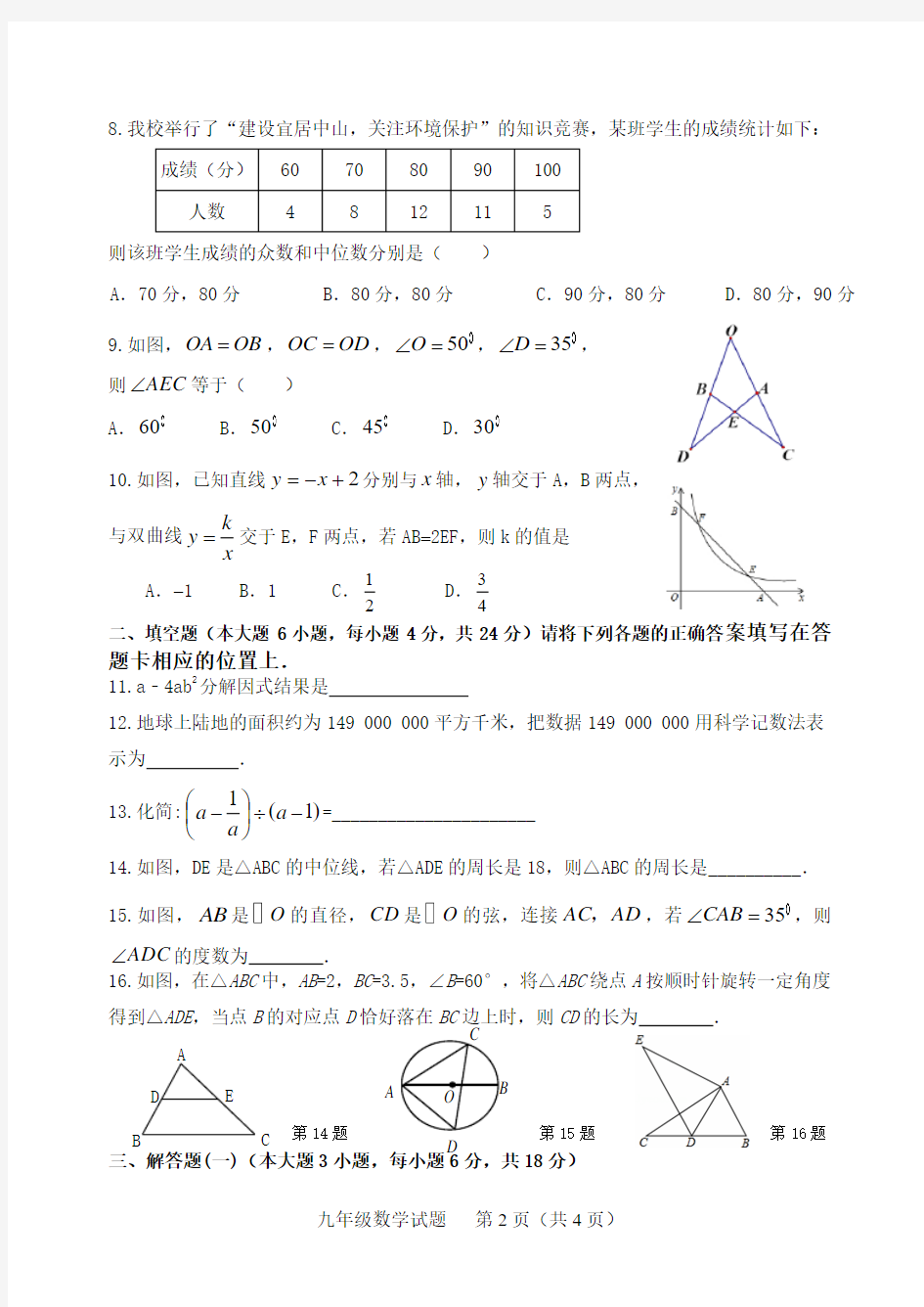 2014-2015年下学期五月质量调研数学试卷