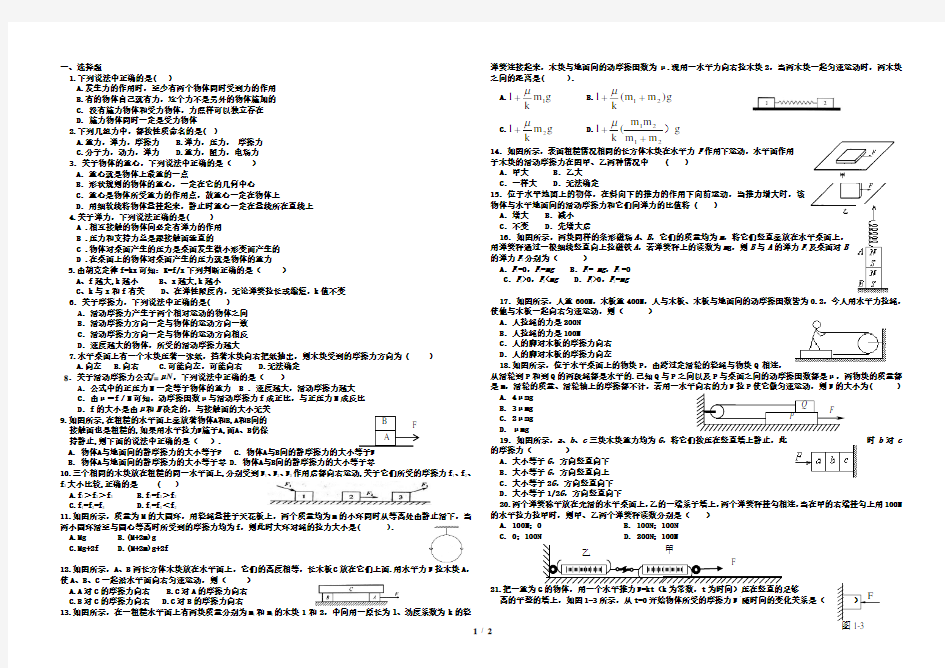 高一物理重力、弹力和摩擦力的综合练习题