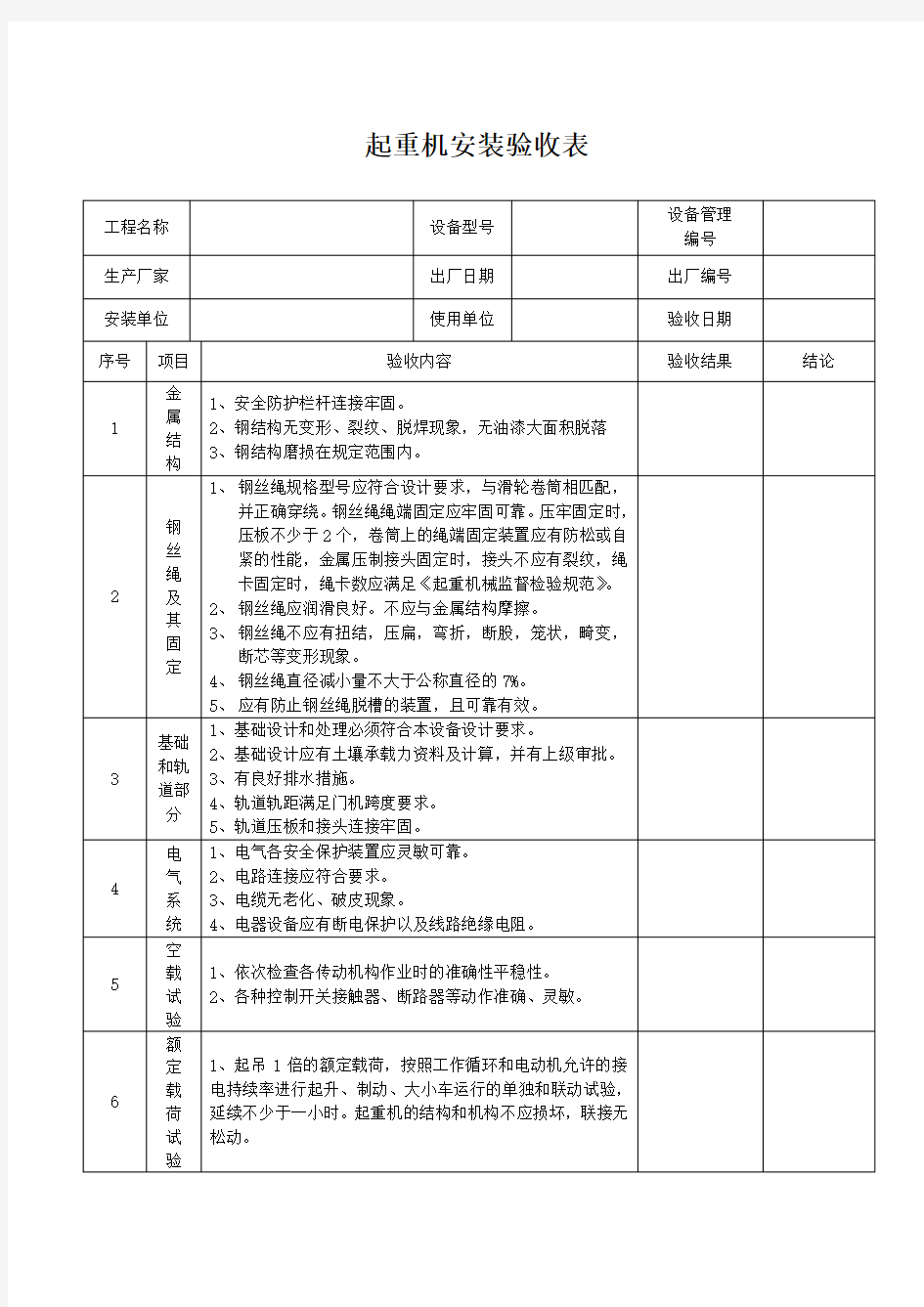 起重机安装验收表