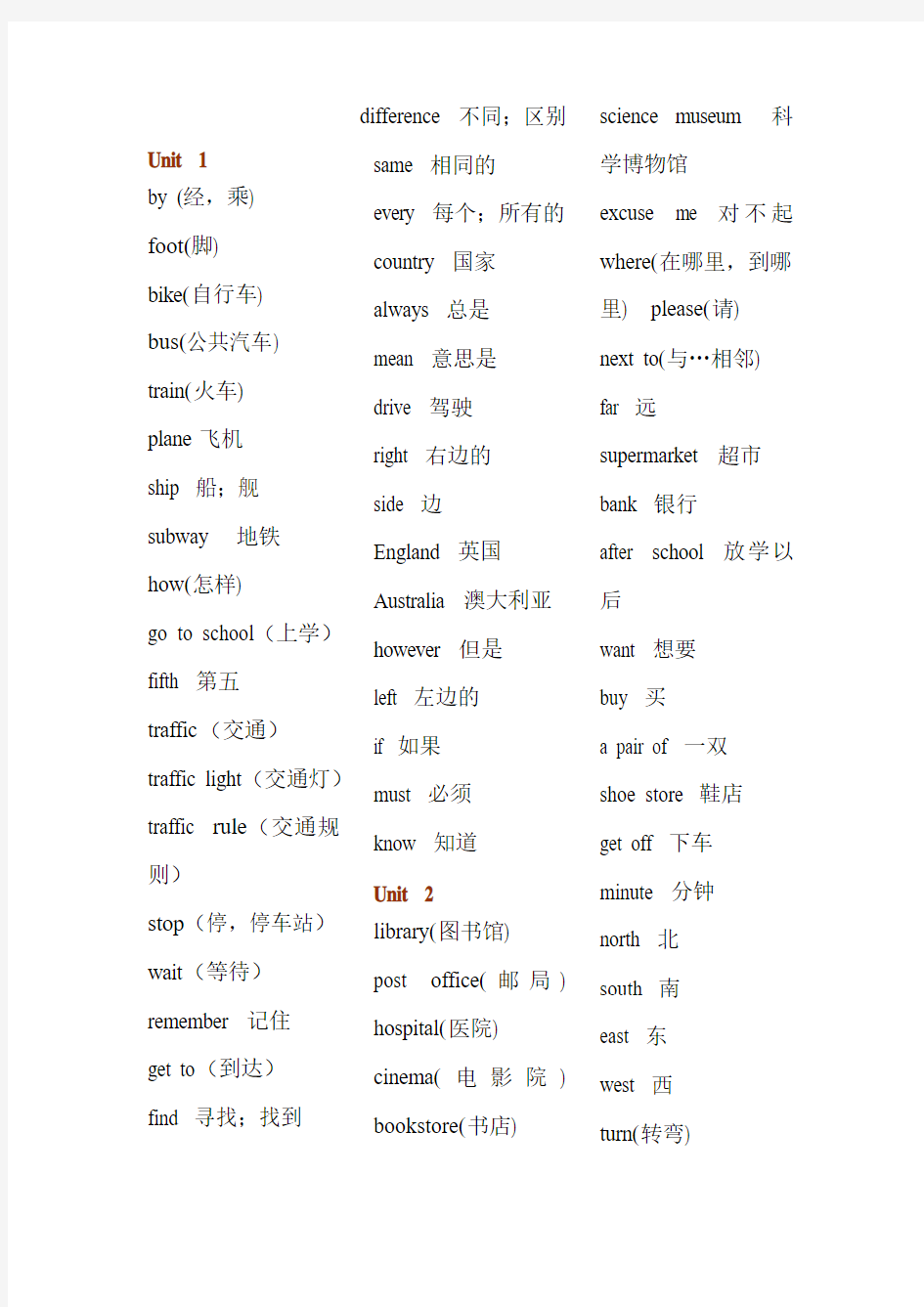 人教版小学英语六年级上册单词表