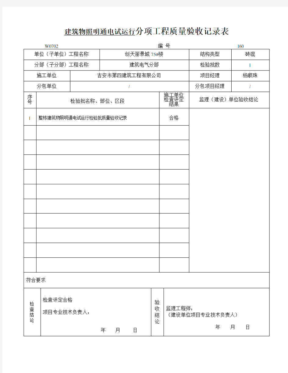 分项工程质量验收记录表