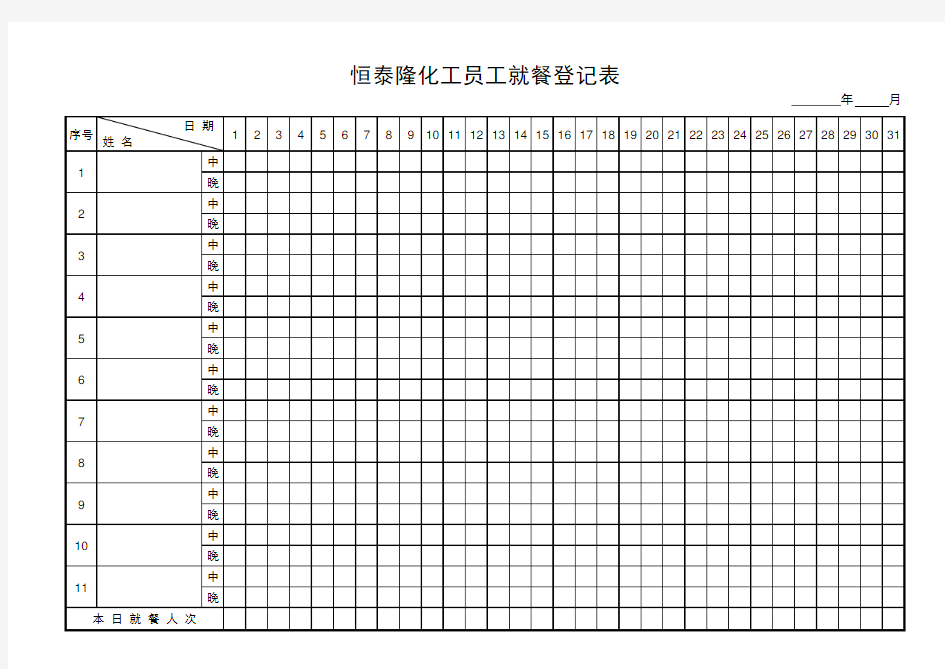 公司食堂就餐登记表