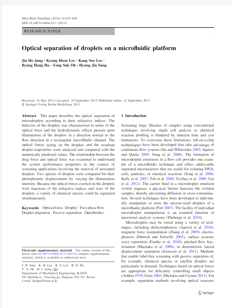 Optical separation of droplets on a microfluidic platform