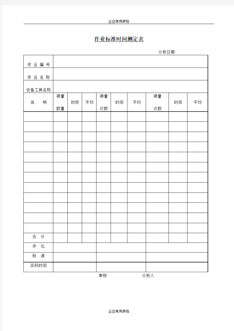 【企业常用表格】作业标准时间测定表