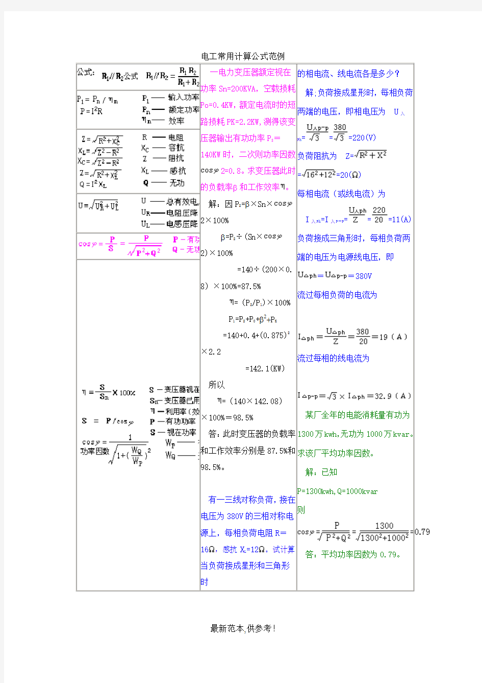 电工常用计算公式及范例