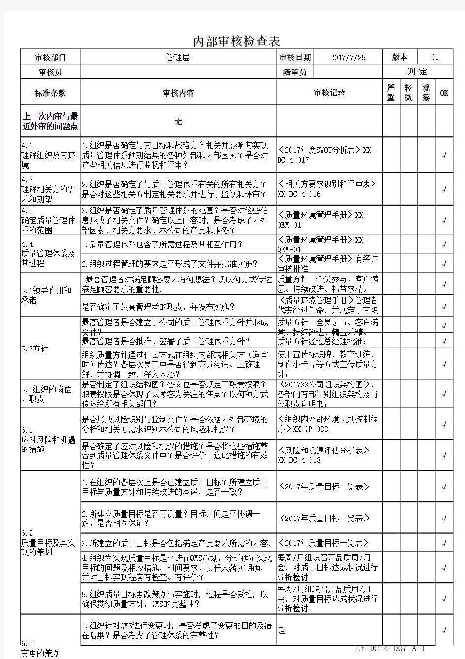 ISO9001-2015版内部审核检查表