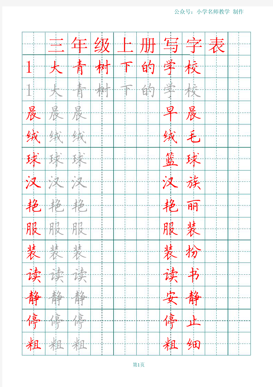 2020部编版三年级上册田字格写字表