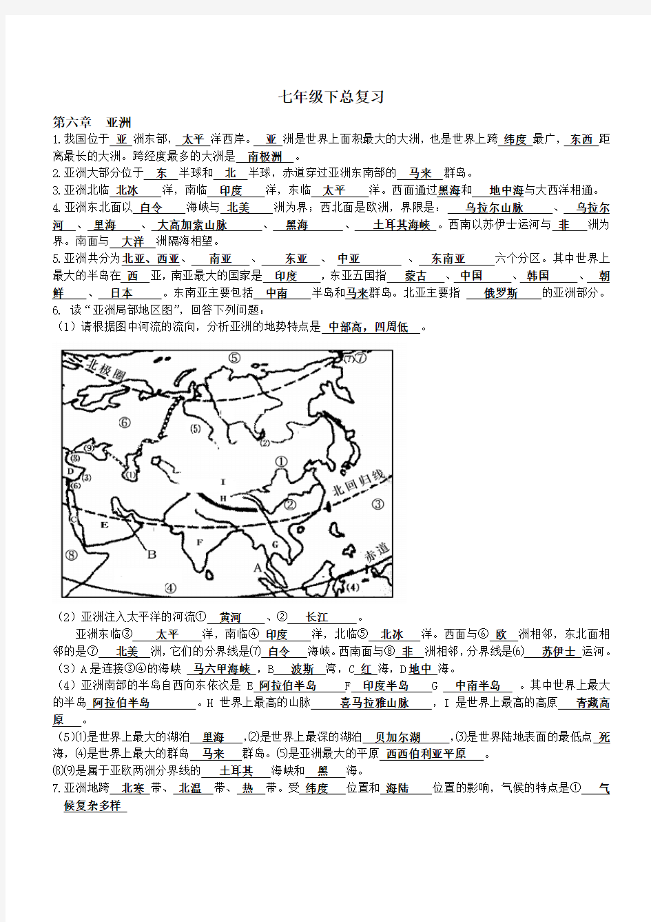 七年级下册地理知识点汇总(精华打印版)