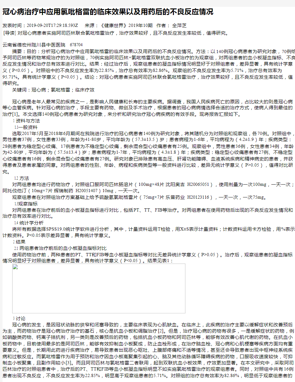 冠心病治疗中应用氯吡格雷的临床效果以及用药后的不良反应情况