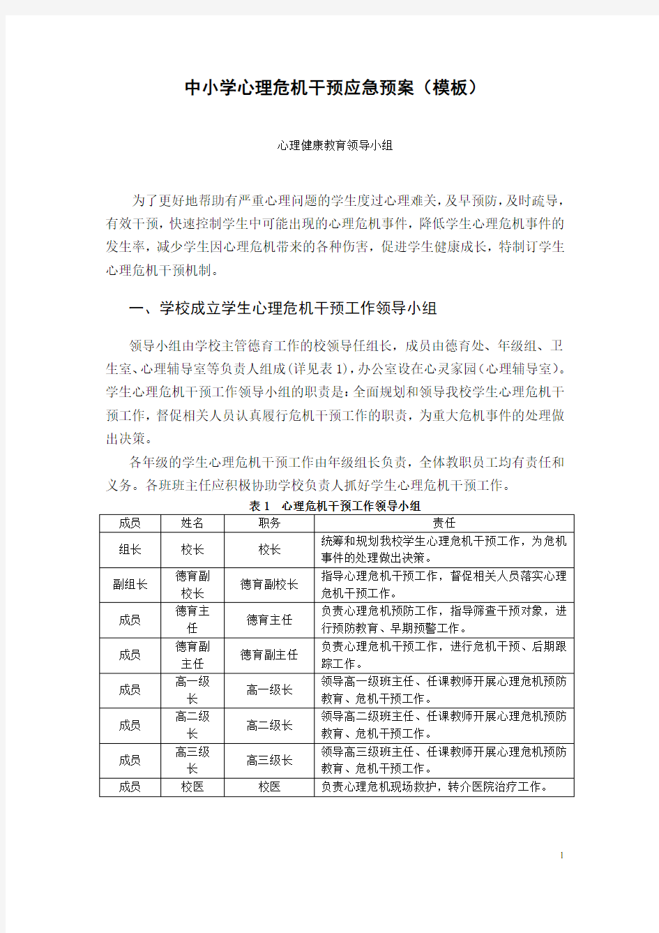 中小学心理危机干预应急预案