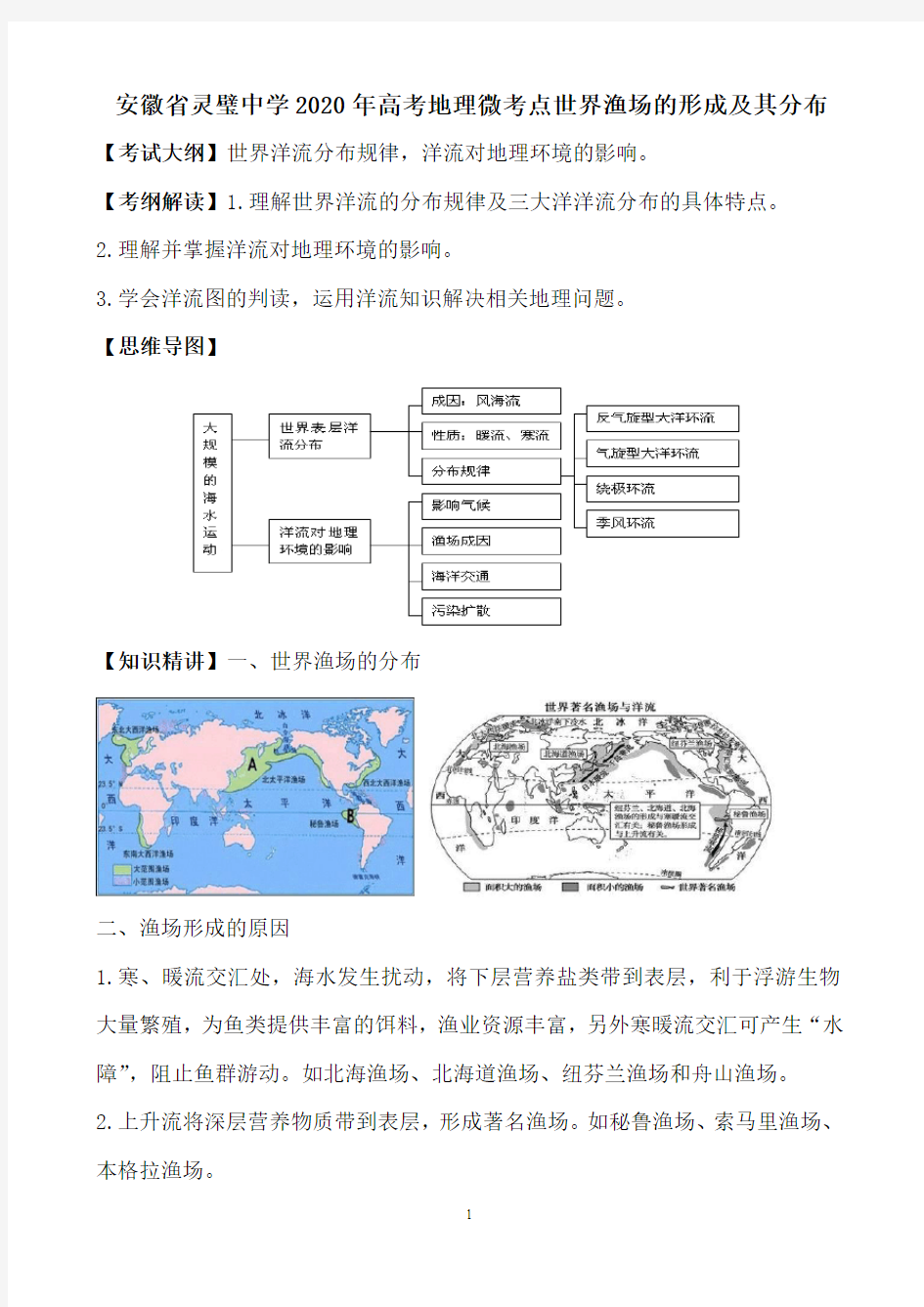 安徽省灵璧中学2020年高考地理微考点世界渔场的形成及其分布