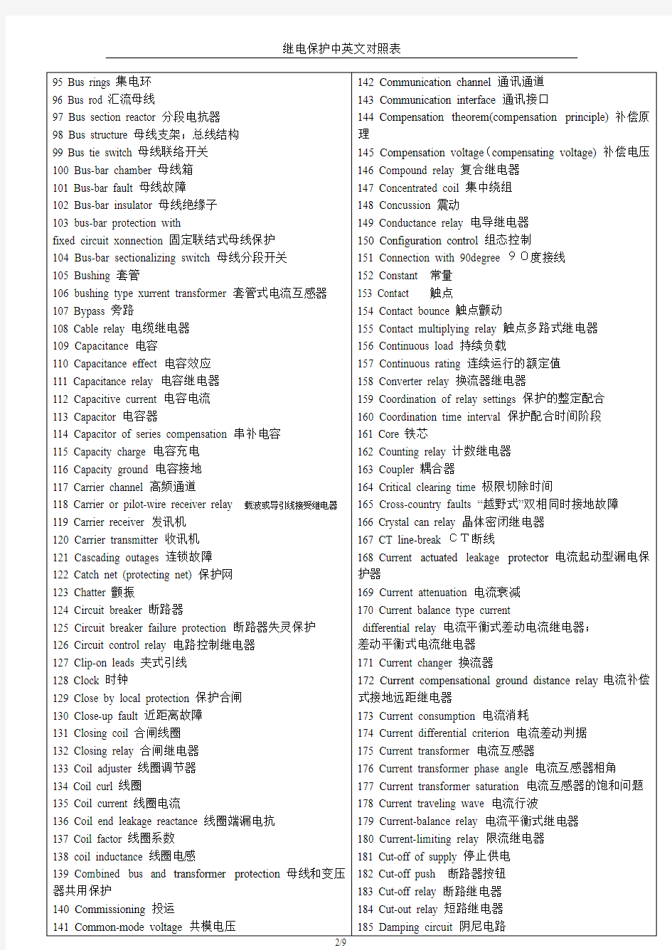 继电保护中英文对照表