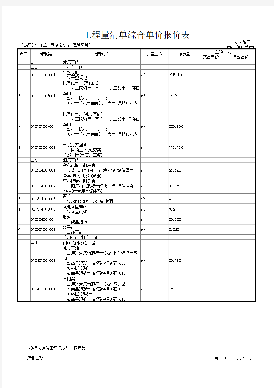 工程量清单综合单价报价表