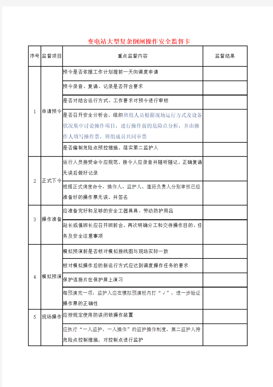 变电站大型复杂倒闸操作安全监督卡