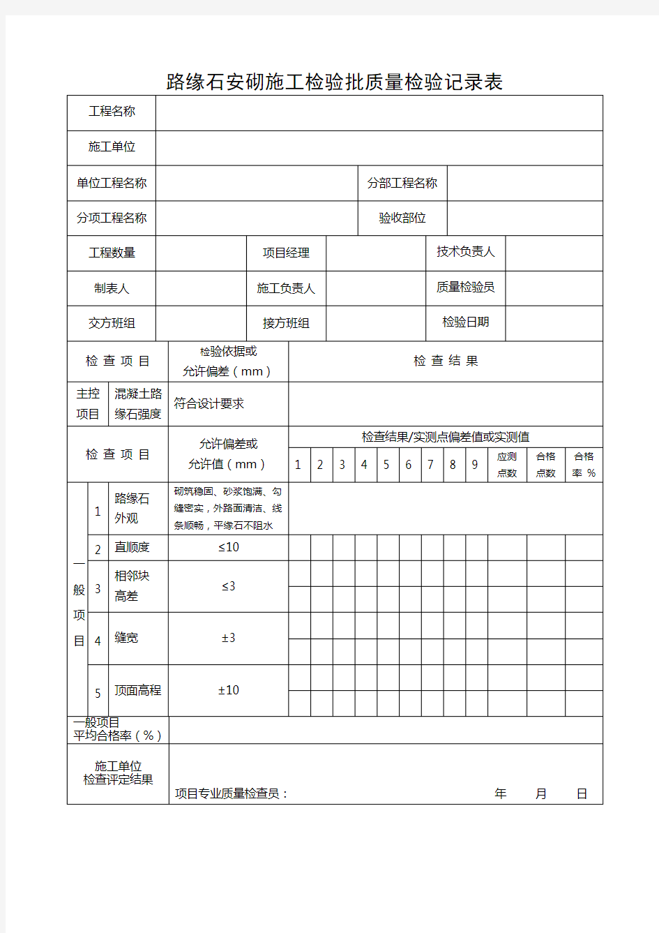 路缘石安砌施工检验批质量检验记录表