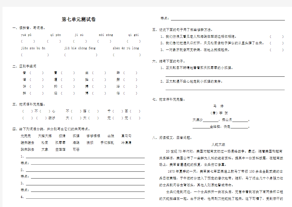 六年级语文上册第七单元测试题