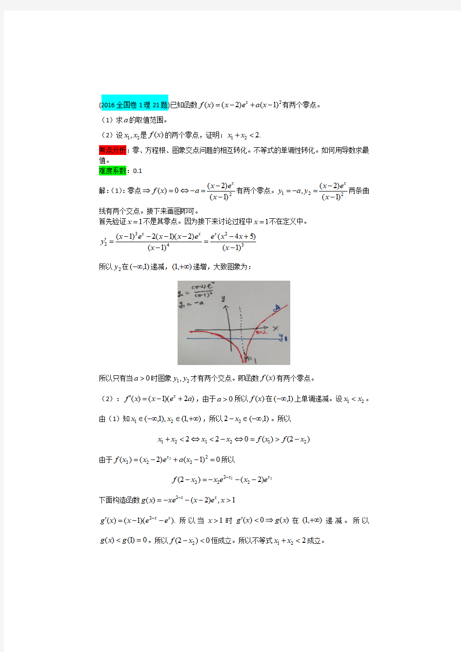 2016全国高考数学卷理科1压轴题第21题分析