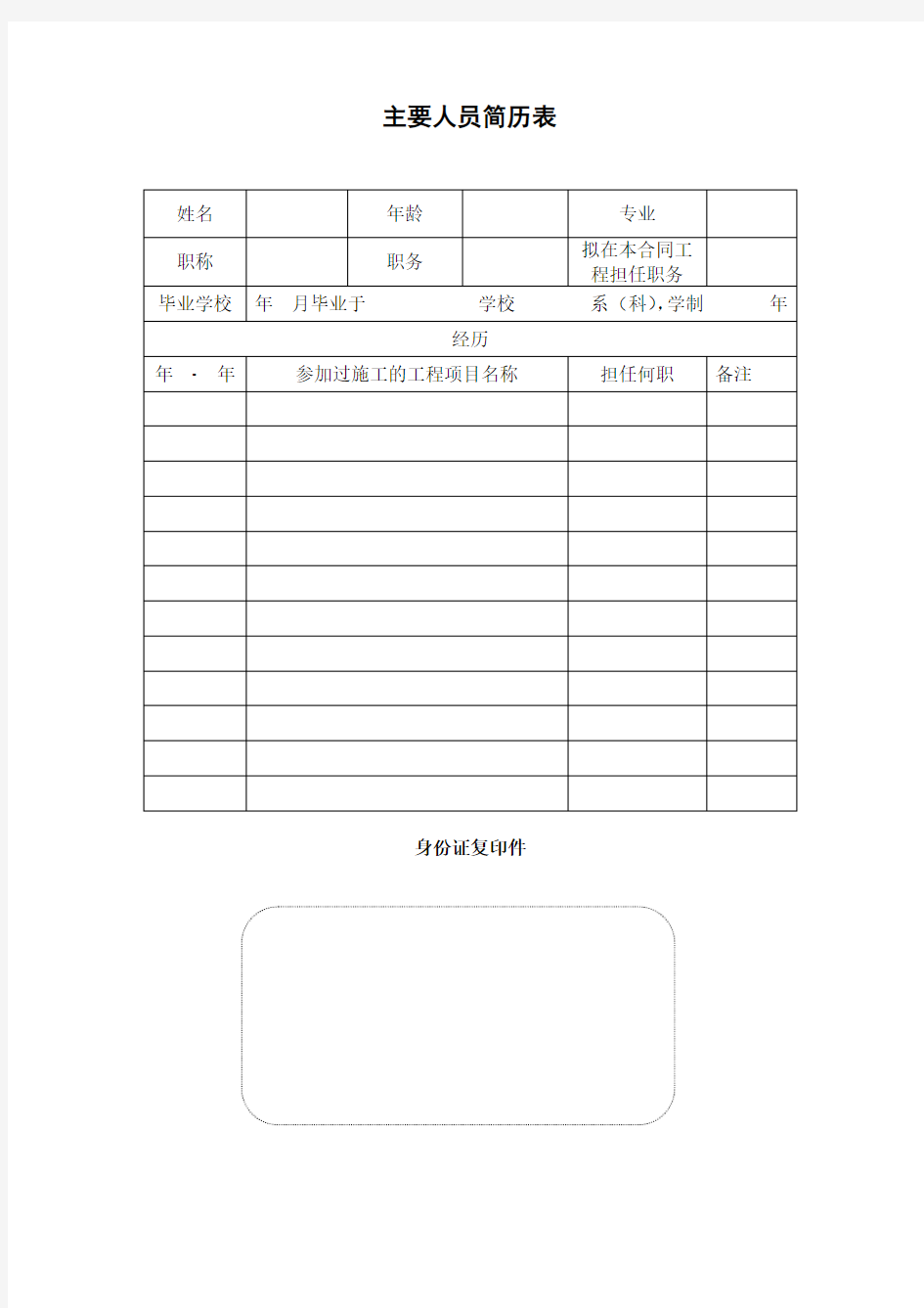 国际投标文件范本[简体中文版]-主要人员简历表