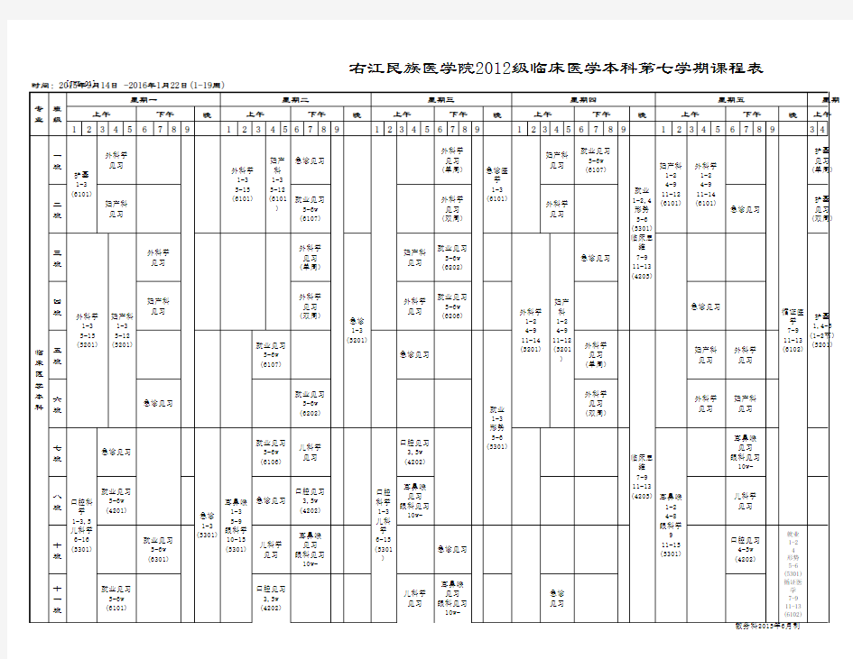 【JWK-01】右江民族医学院2012级临床医学本科第七学期课程表