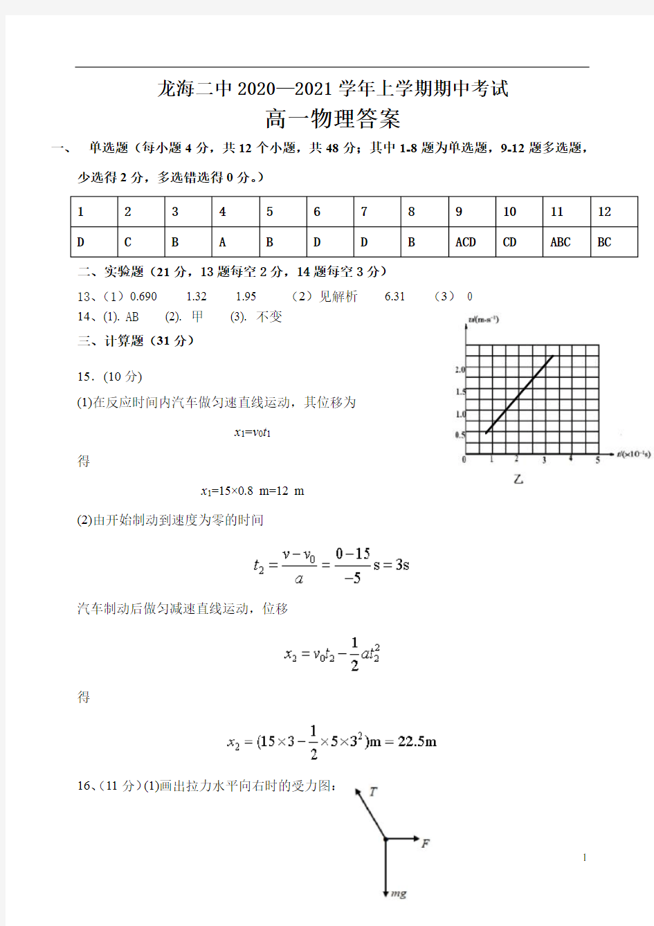 福建省龙海市第二中学2020-2021学年高一上学期期中考试 物理 答案