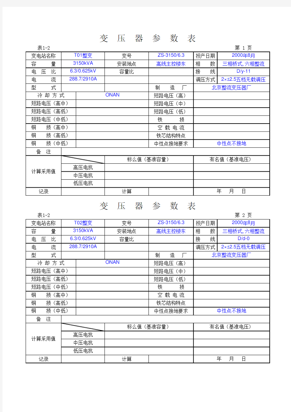 变压器参数表