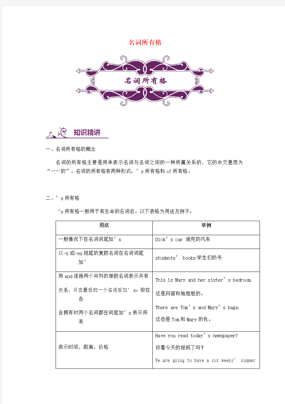 中考英语专题讲练： 名词所有格(含解析)