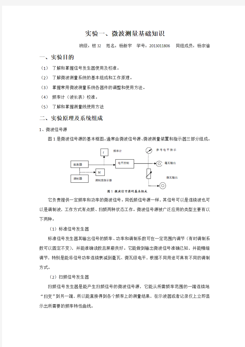 实验一、微波测量基础知识实验报告