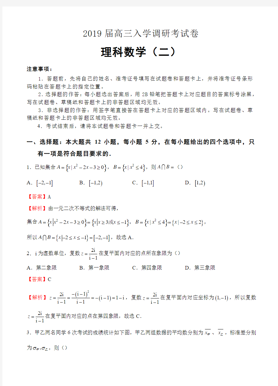 2019届高三入学调研考试卷 理科数学(二)
