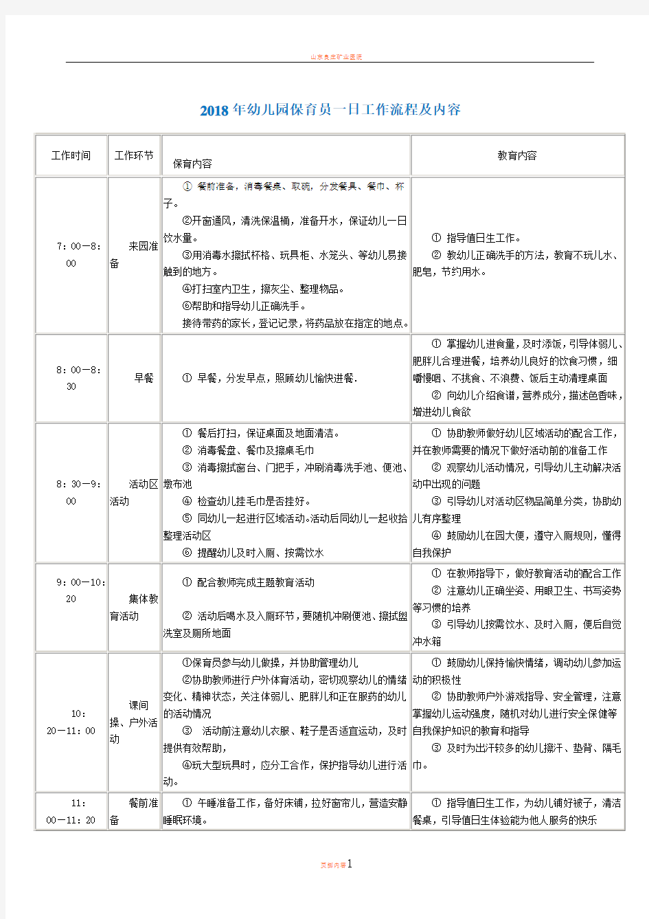 2018幼儿园保育员一日工作流程及内容