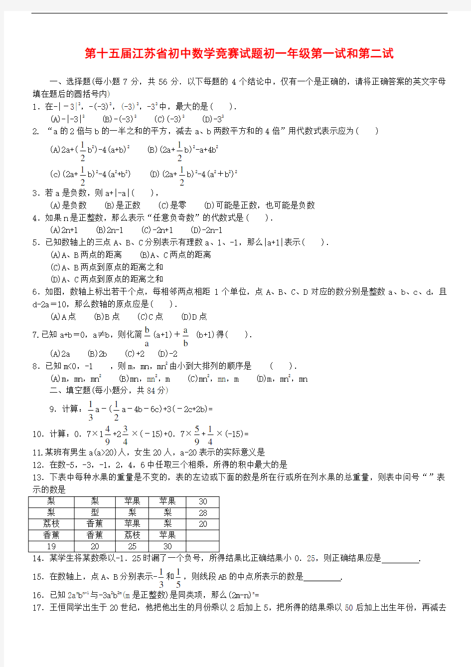 第十五届江苏初中数学竞赛试题初一年级第一试和第二试