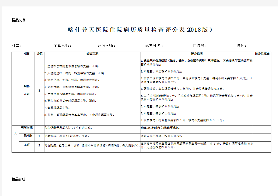 最新喀什普天医院住院病历质量检查评分表(版)